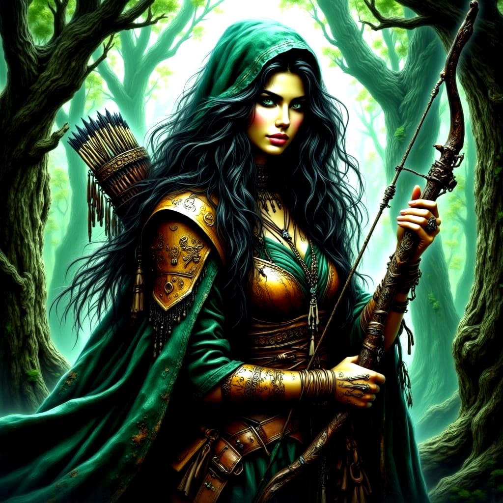Dark Elf Maiden Wields Enchanted Bow in the Heart of the For...