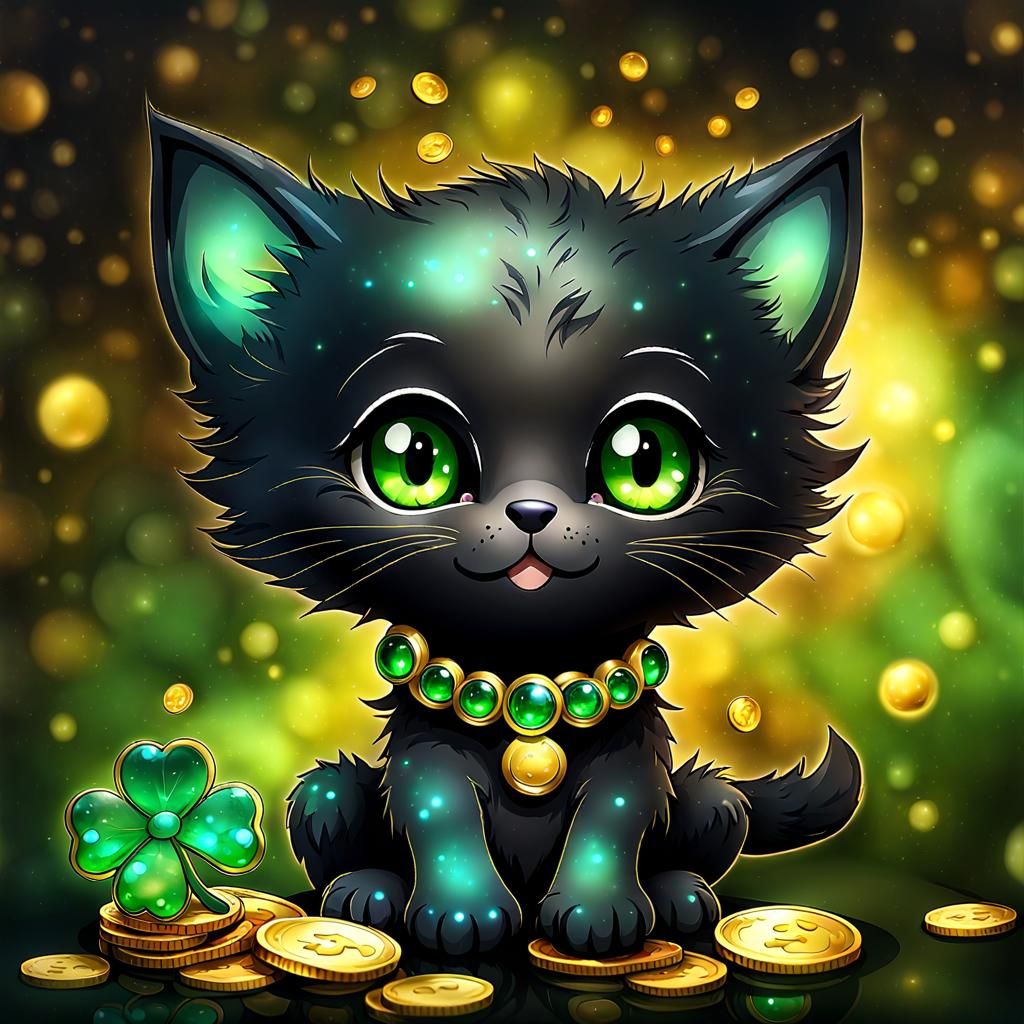 Happy Chibi Kitten with Clover Charm in Alcohol Ink Style