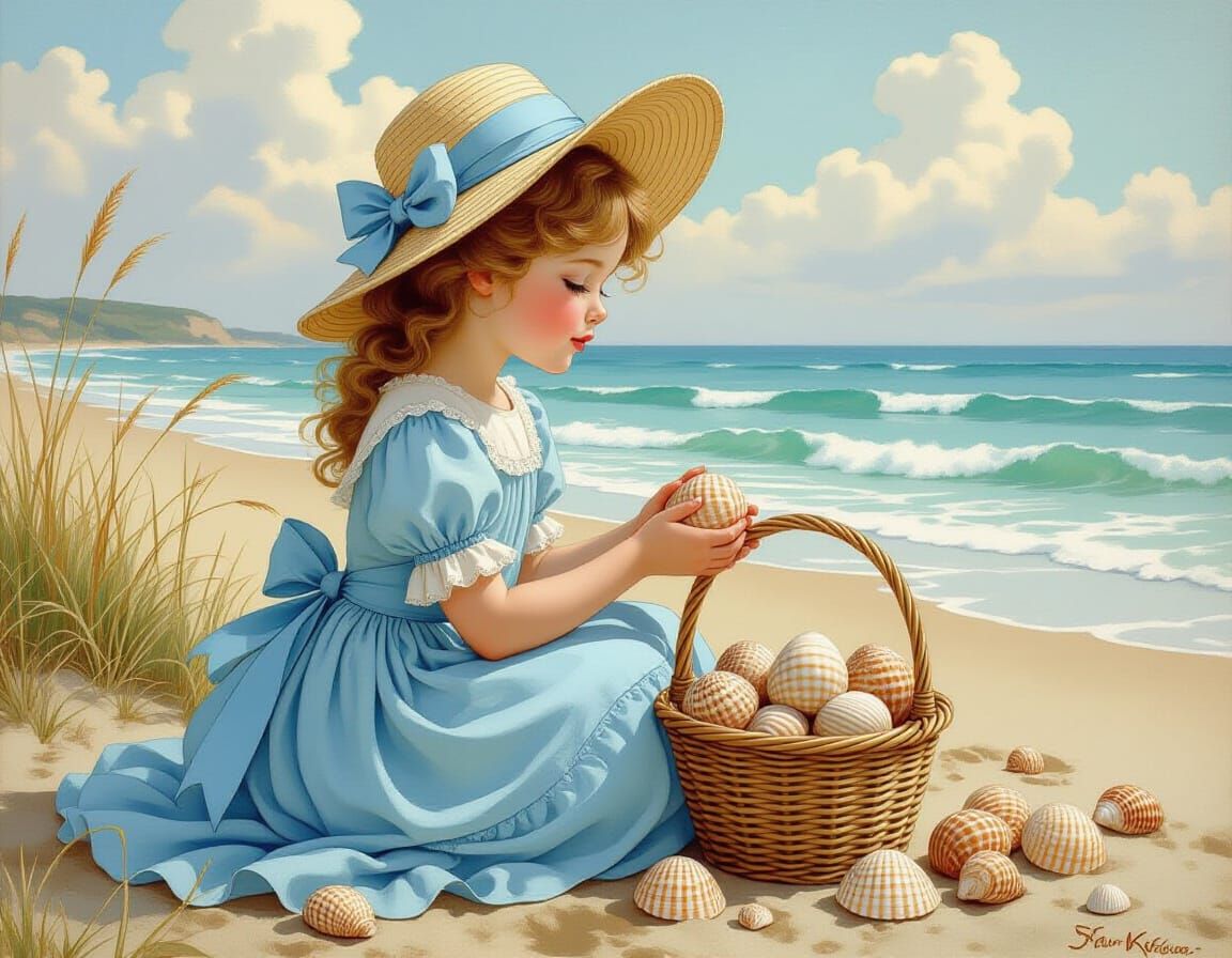 Victorian Girl Selling Seashells in Whimsical Style