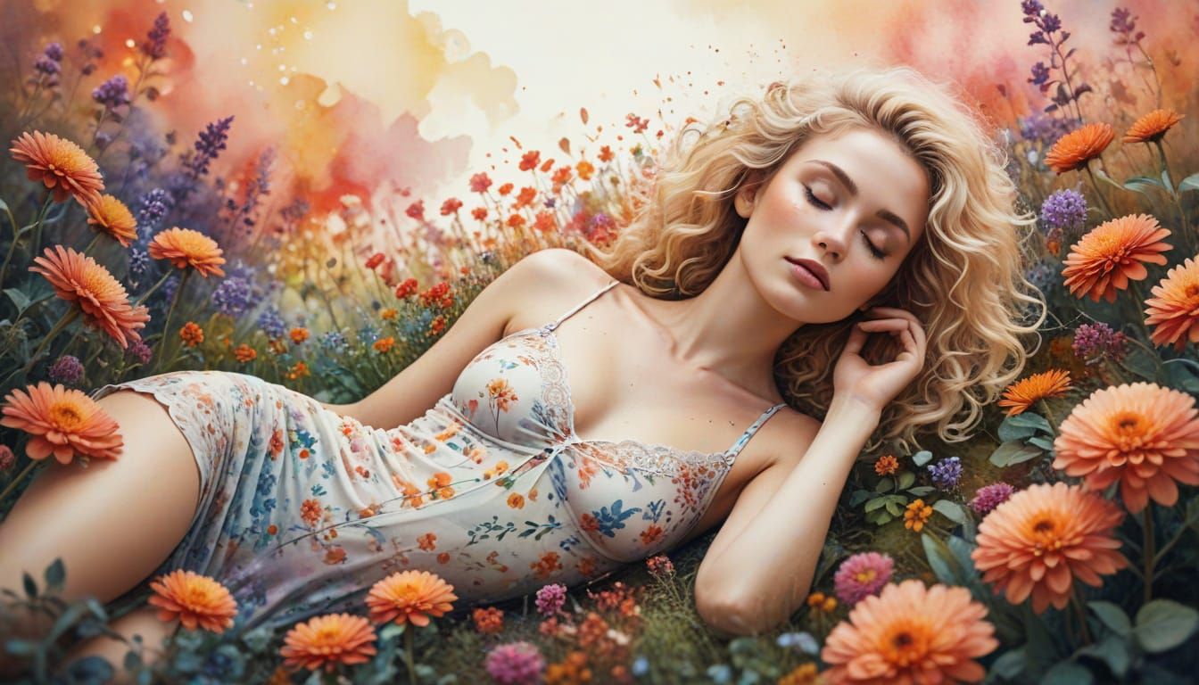 Ink and Watercolor Illustration of Woman in Flowers