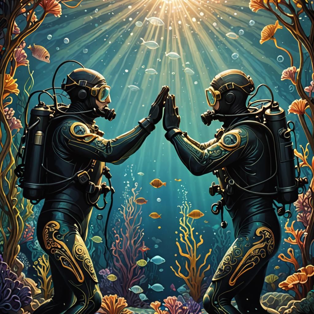 Psychedelic Art Nouveau Scuba Divers High Five