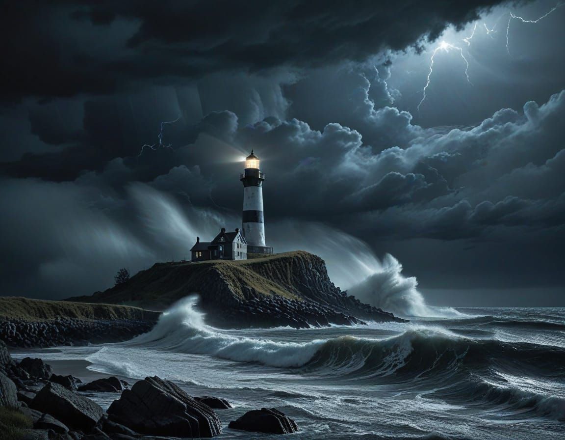 Mysterious Lighthouse Shrouded in Dark Stormy Night