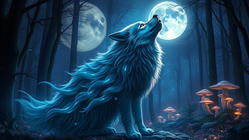 Moonlit Wolf in a Dreamlike Ancient Forest