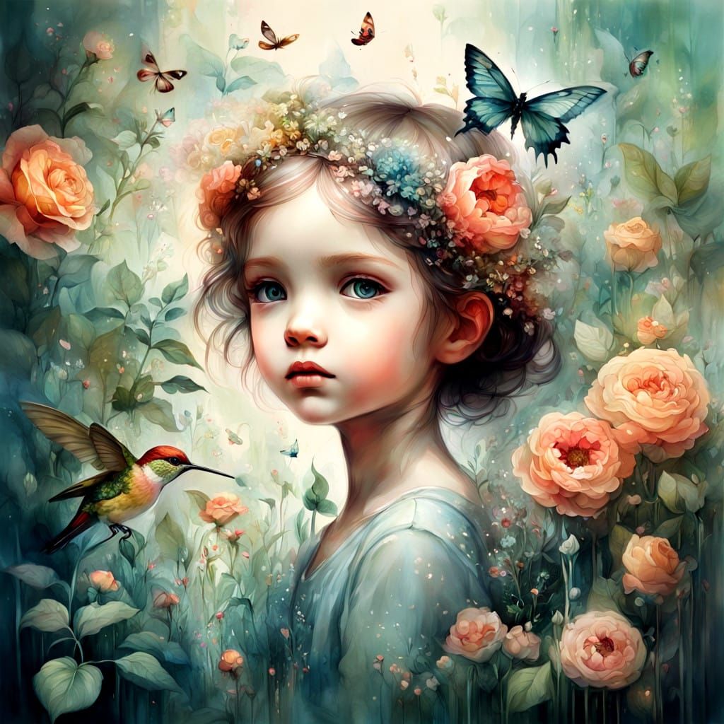 Child in Enchanted Garden, Floral Paradise