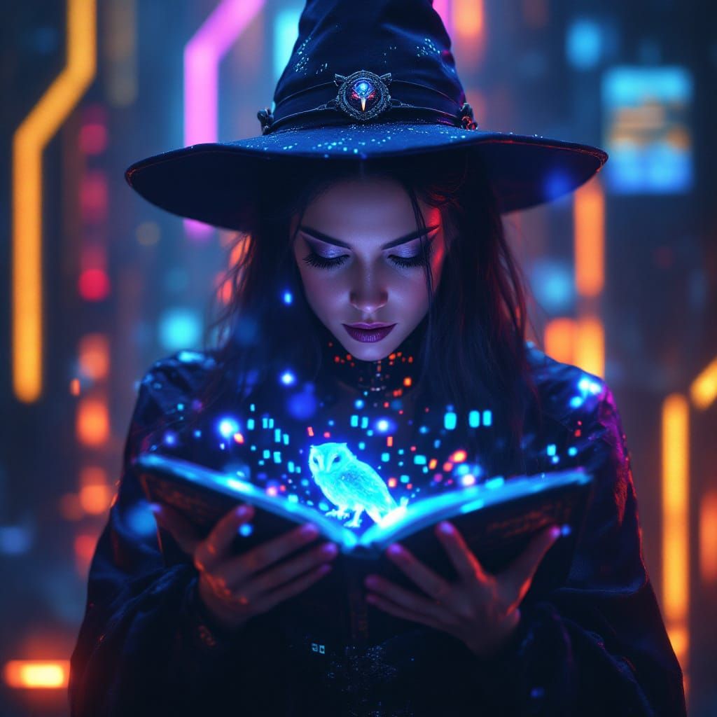 AI Witch Weaving Digital Spells With Cyber Owl Familiar