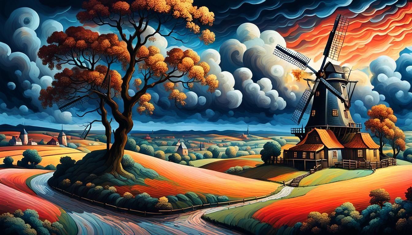 Impressionist Windmill Painting with Golden Light