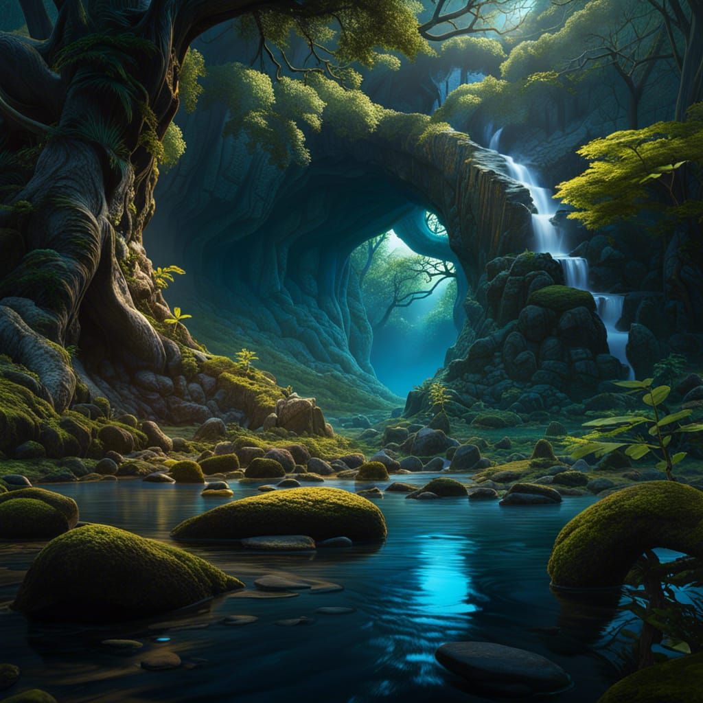 Enchanted River Through Ancient Forest: Matte Painting