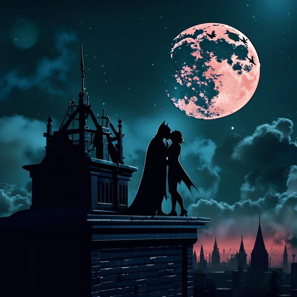 Batman and Joker Kiss in Noir Gothic Style
