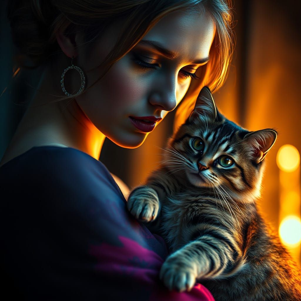 Elegant Woman Embracing a Cat in Soft Blue and Warm Light