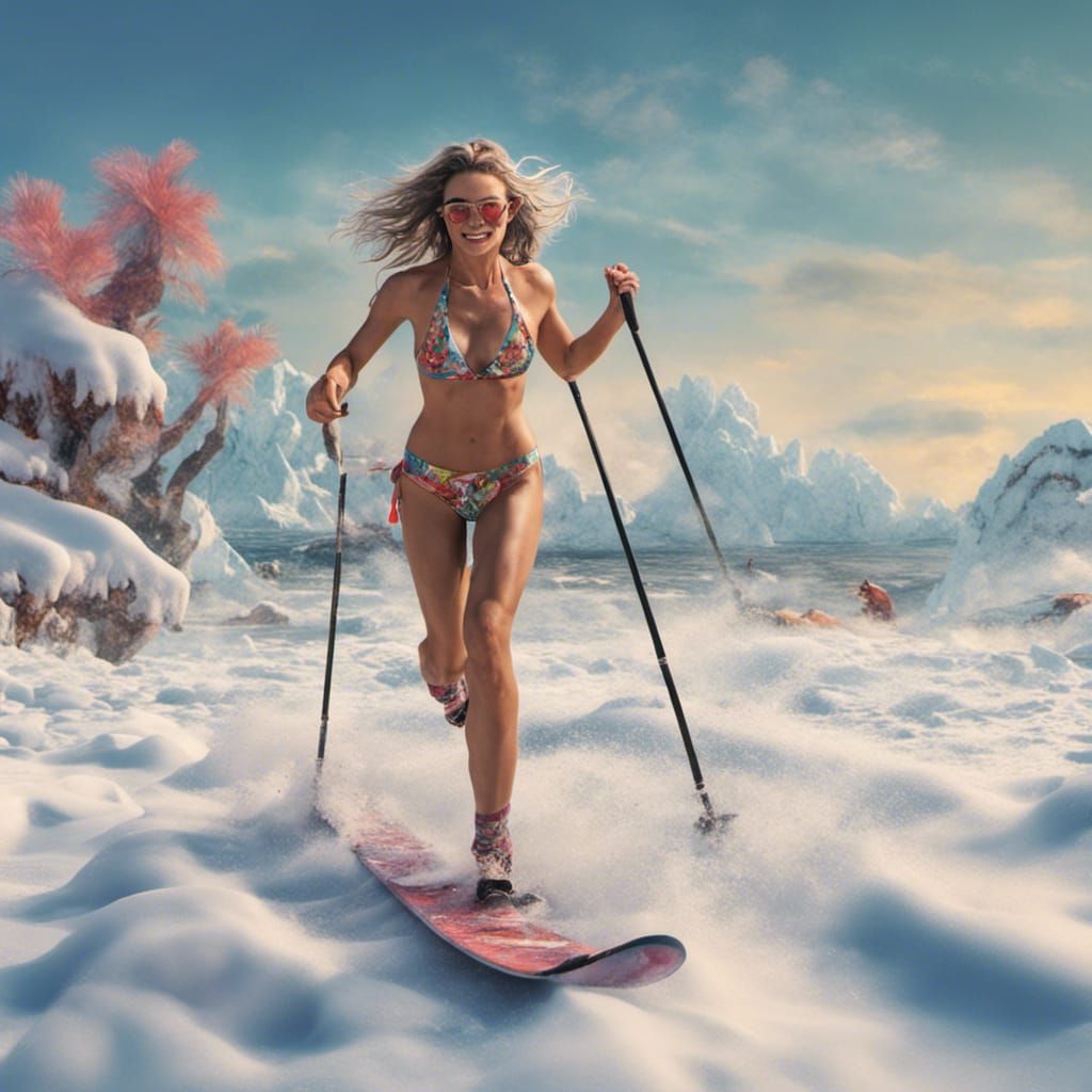 A woman in a bikini skiing on a snow covered beach, beach, surf, ocean, snow, 75mm, hyperrealistic, hyper maximalist, de...