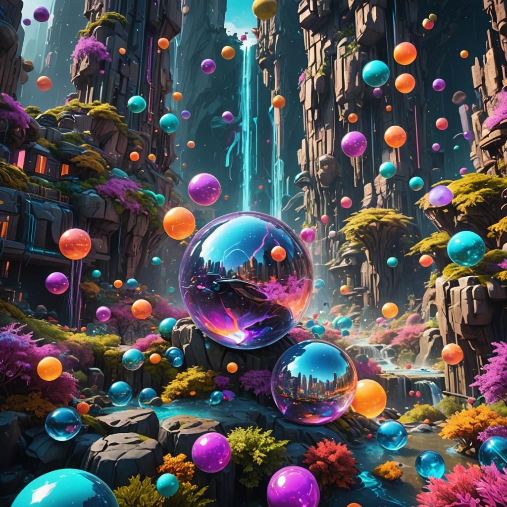 Crystalline City Spheres with Neon Falls and Cosmic Backgrou...