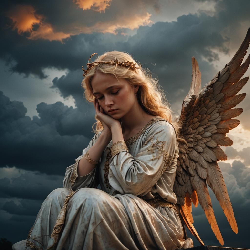 Sad Angel in Ominous Clouds: Matte Painting
