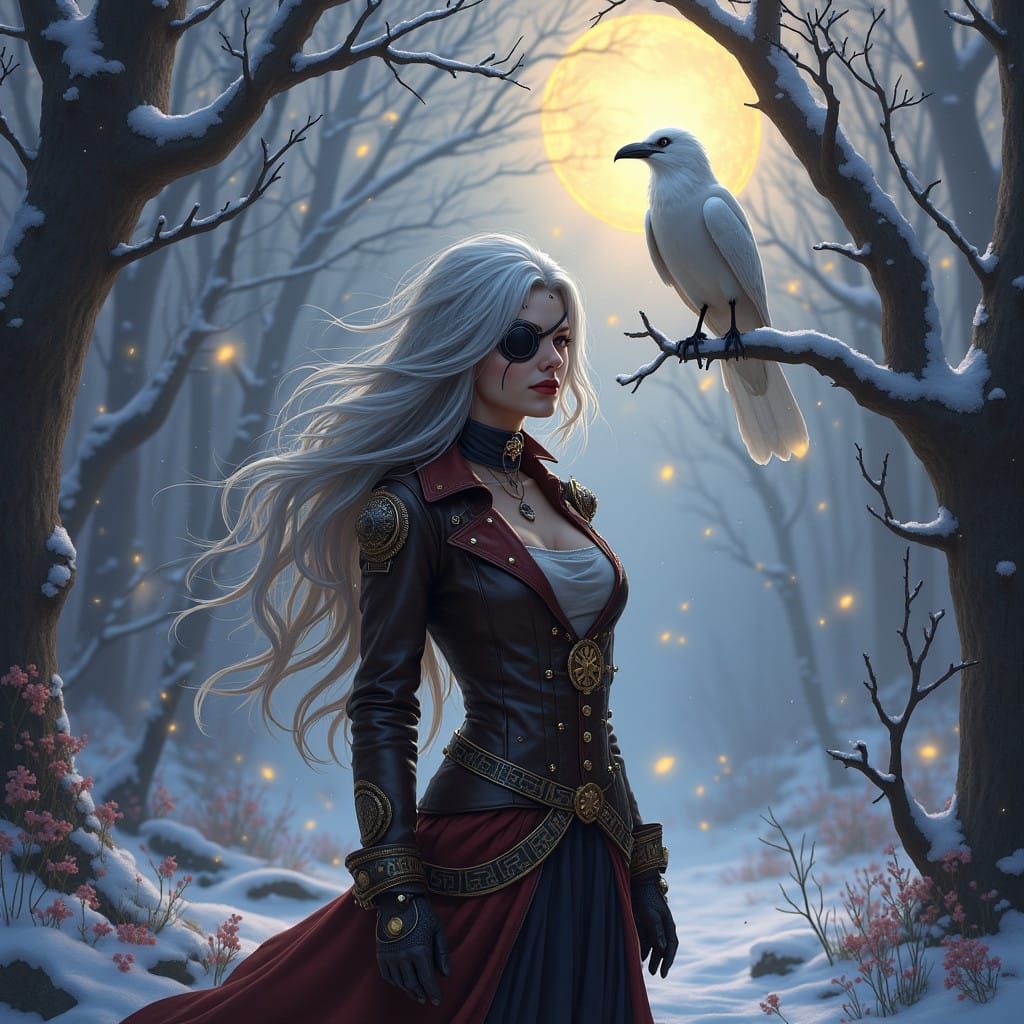 Steampunk Woman with an eye patch with long windswept white ...