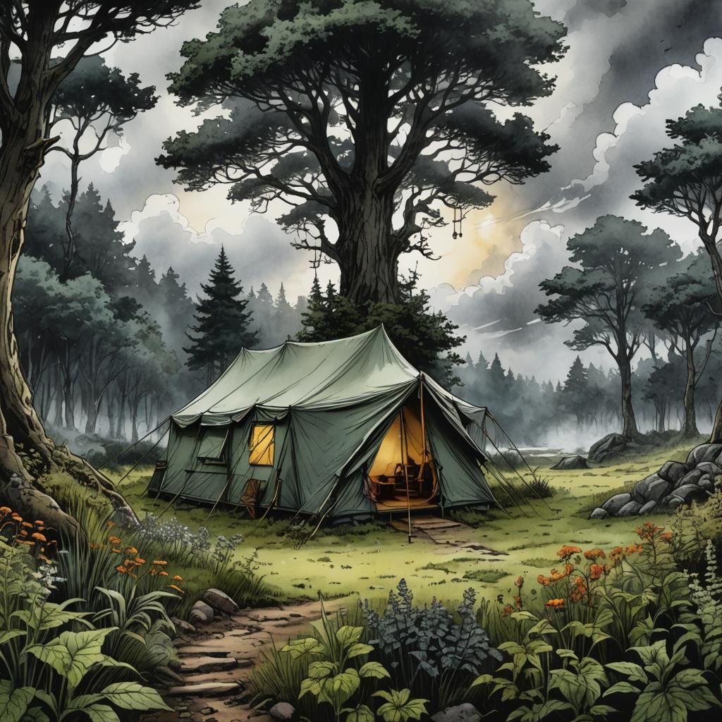 Serene Tent Under Fierce Clouds: Retro D&D Illustration