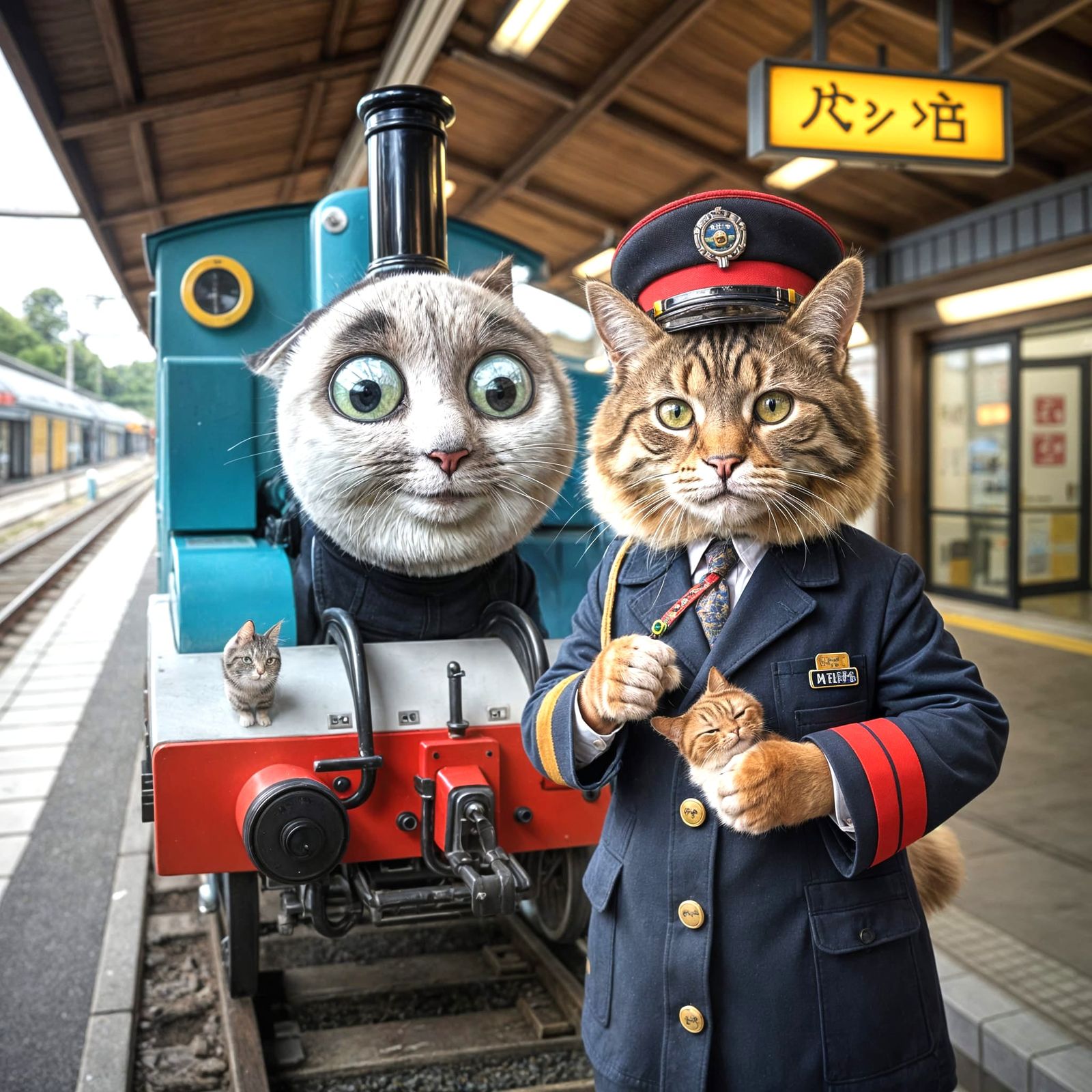 Funtastic Thomas the Tank Engine and Kishi station’s Cat Station Master with official Hat, Jacket and whistle.