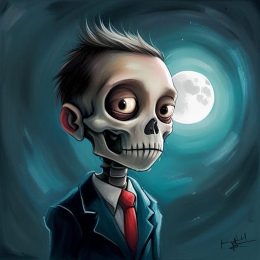 Chibi Monster Skeleton Boy Portrait in Mixed Media