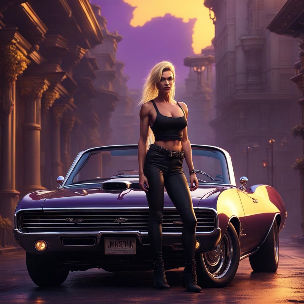 Woman and Convertible Muscle Car in Dark Fantasy