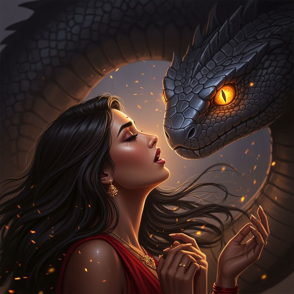 Mesmerized Indian Woman Gazing at Serpent