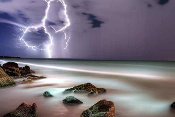 Long Exposure Lightning Storm on a Beach