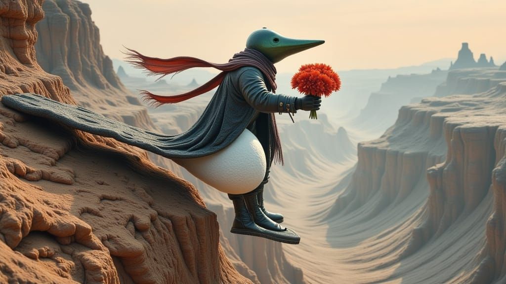 Snowman Biker Flies Magic Carpet Over Martian Grand Canyon