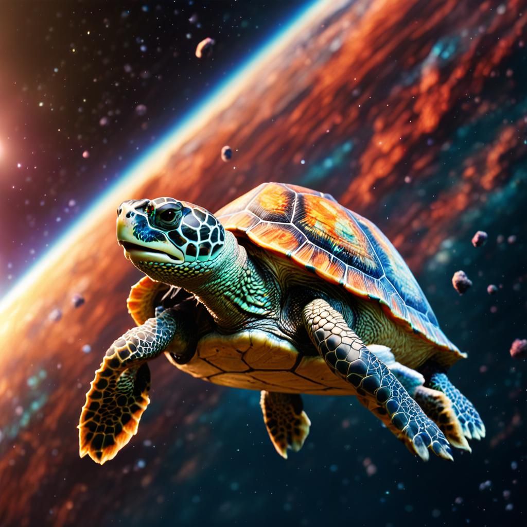Colorful Turtle Flies Through Space: Hyperrealistic Digital ...