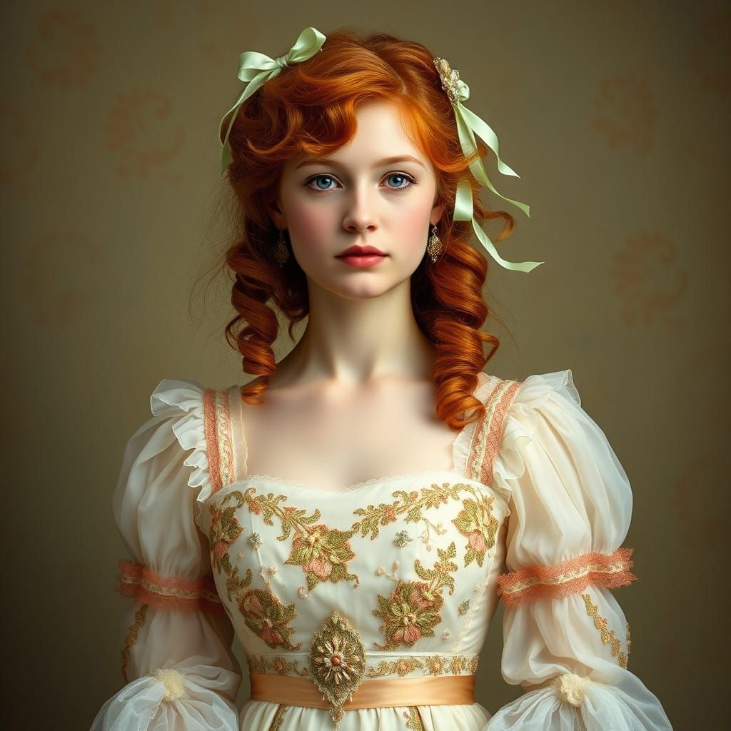 Lady in Elegant Regency Gown with Ginger Hair