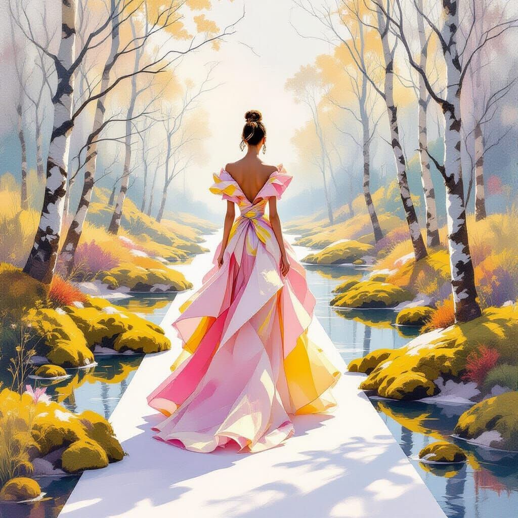 Fashionista in Dreamy Pink & Yellow Dress, Scandinavian Land...