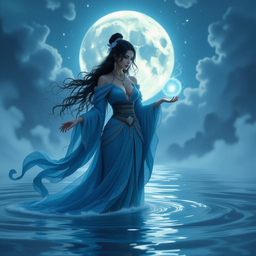 Mystical River Witch Commands Tides in Dreamy Fantasy Style