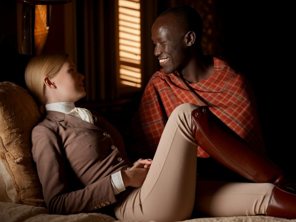 Danish Beauty and Maasai Warrior in Colonial African Bedroom