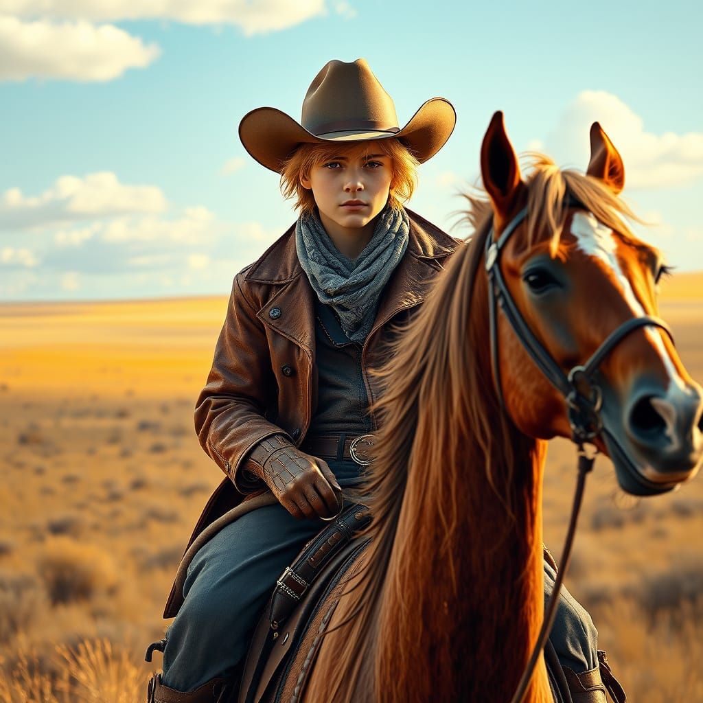 Young Cowboy Rides Through Prairie, Digital Art