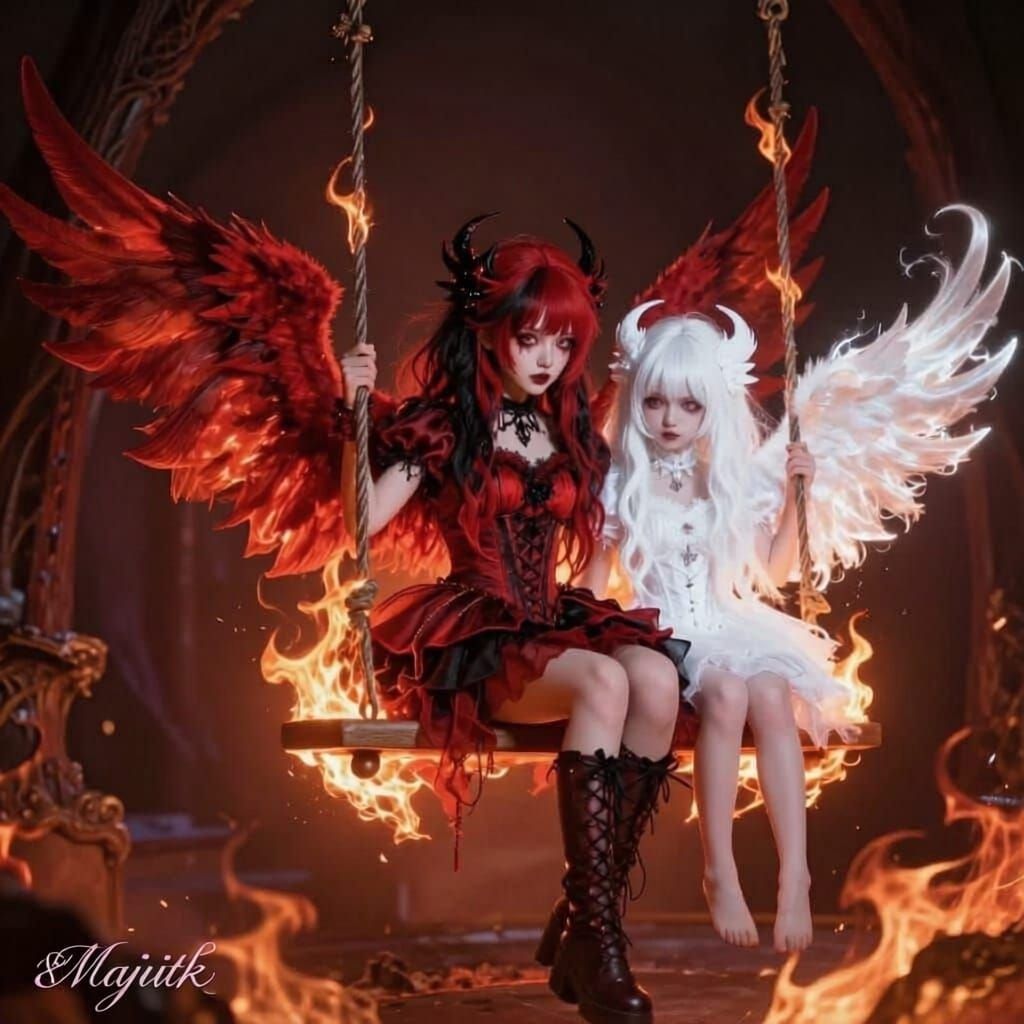 Gothic Angels on Fiery Swing in Dark Fantasy Style