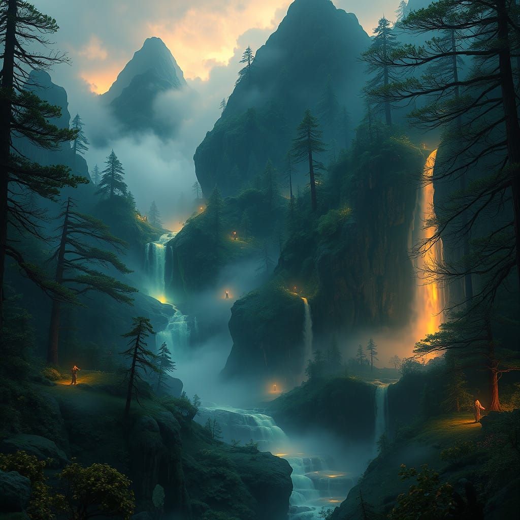 Dreamlike Landscape with Ancient Forests and Glowing Waterfa...