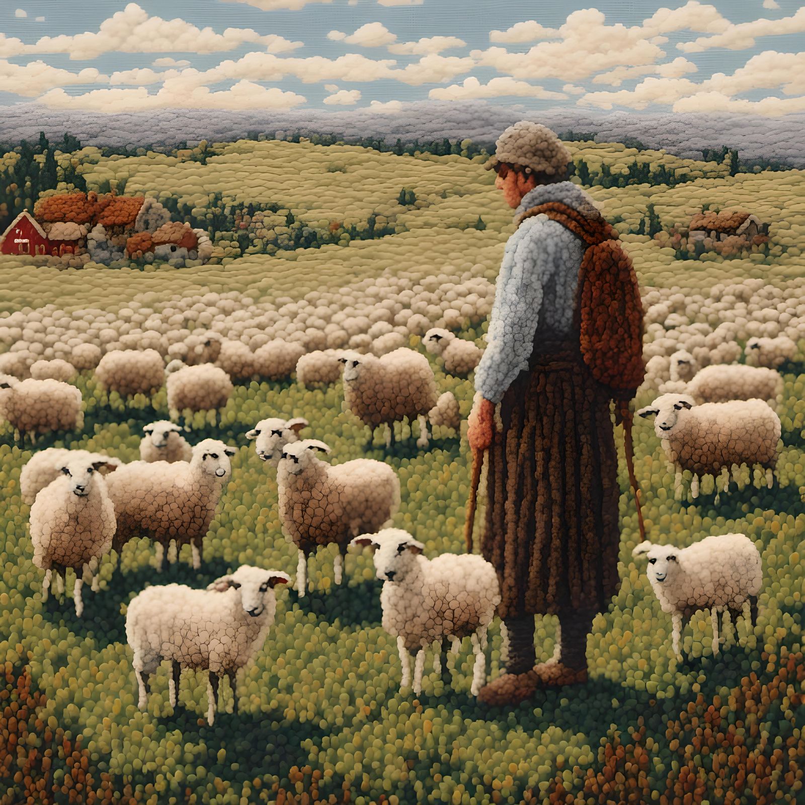 Needlepoint Tapestry of Shepherd and Sheep