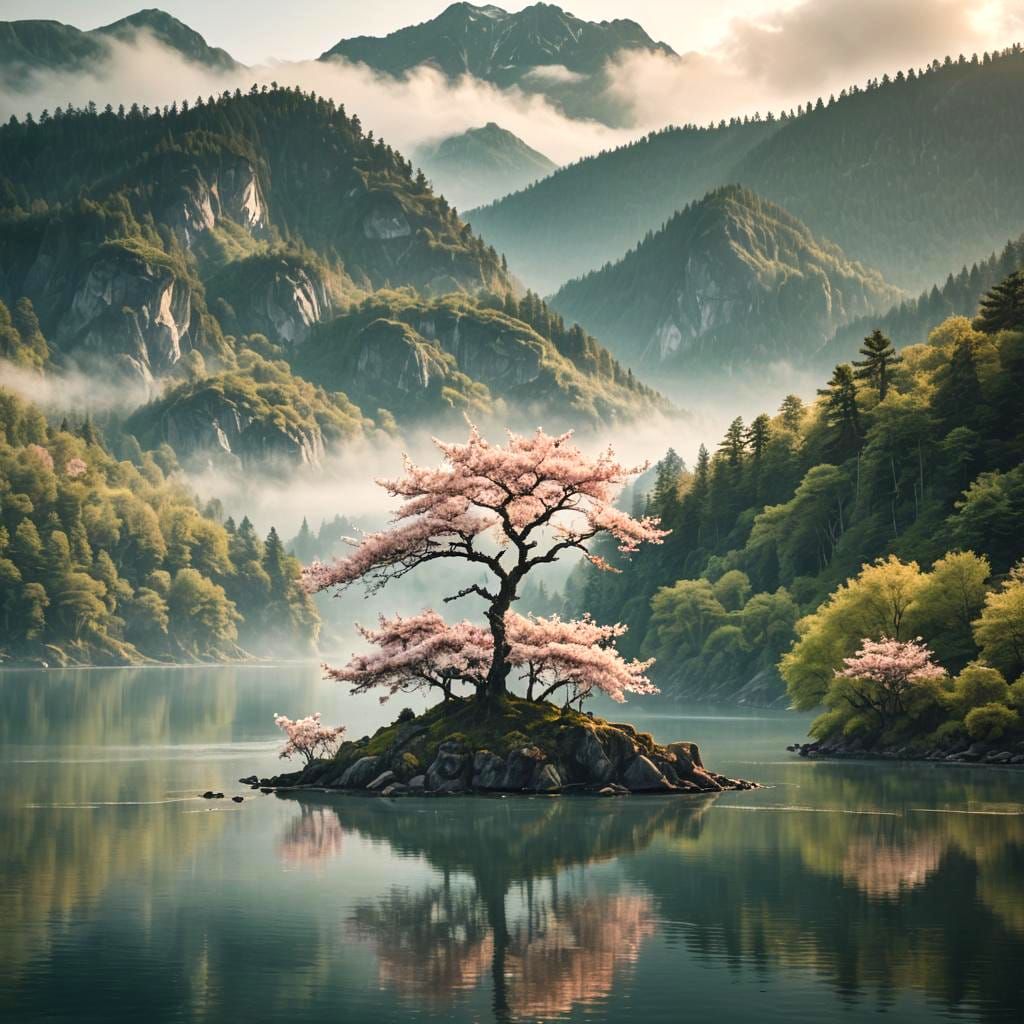 Blossom Tree on Island in Lake: Cinematic Film Still
