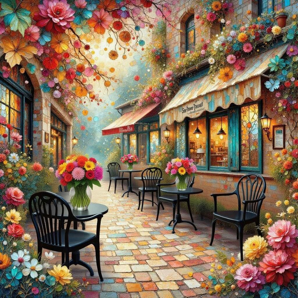 European Coffee Shop with Wildflowers in Dreamy Style