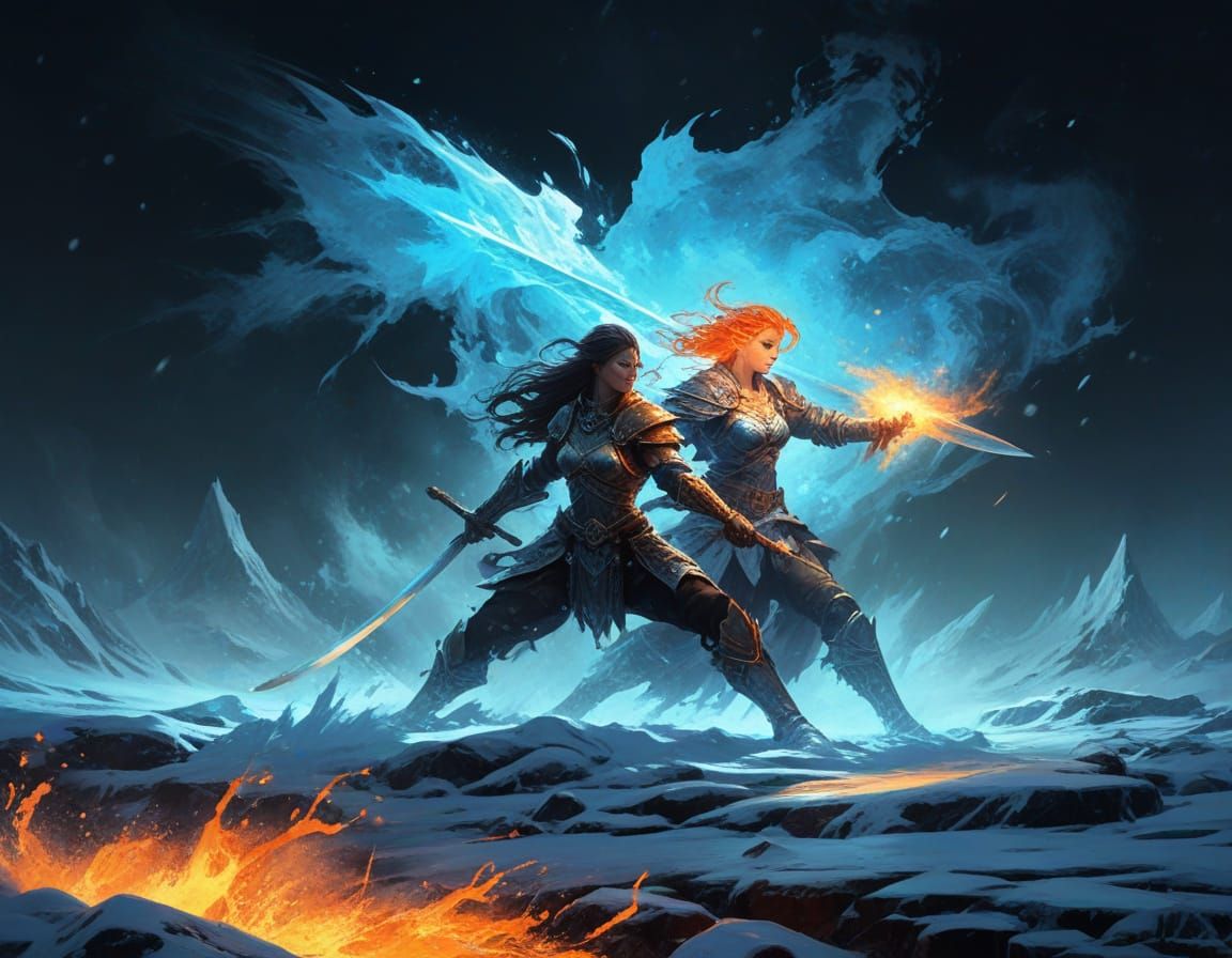 Epic Fantasy Warriors Clash in a Blazing Battle of Elements