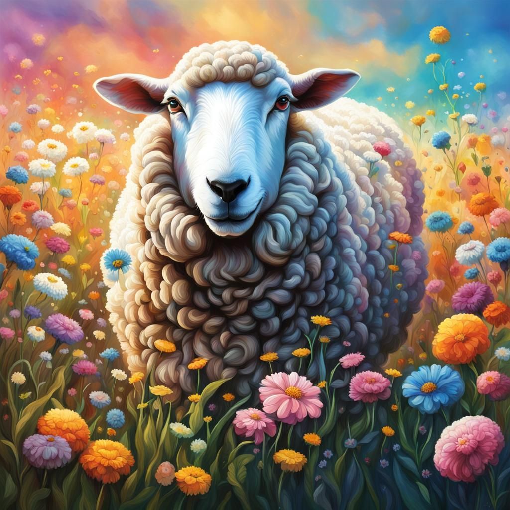 Sheep in Flower Field: Hyperrealistic Splash Art