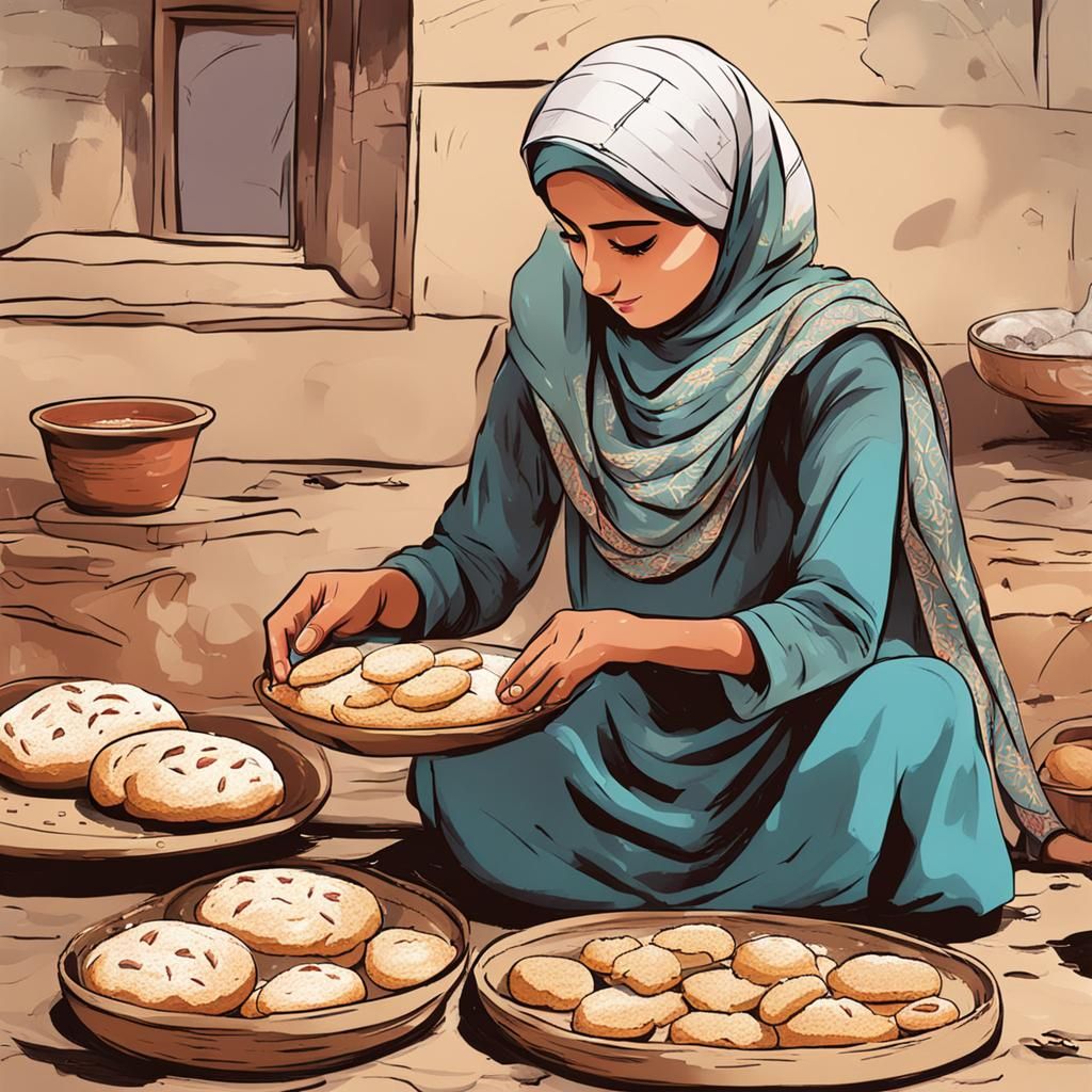 Pakistani Manga Woman Baking Bread in Traditional Dress