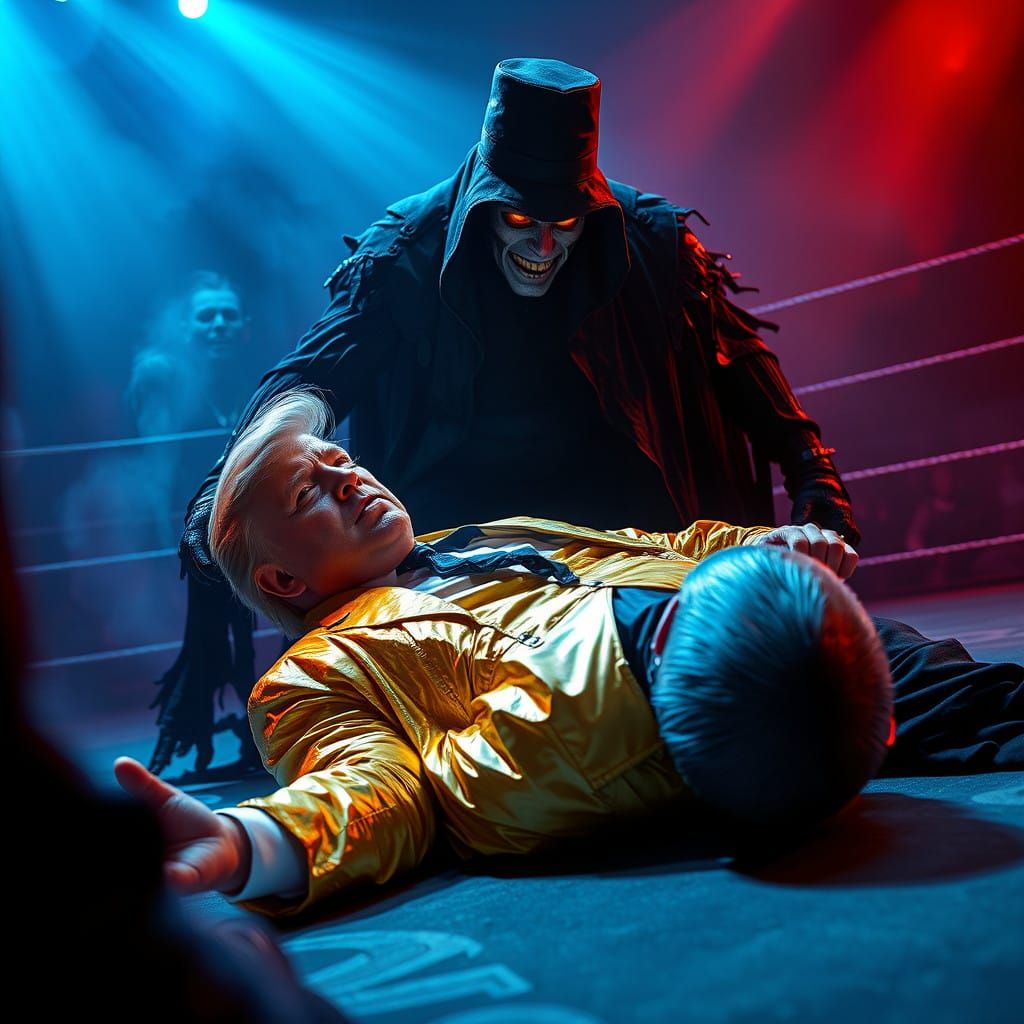 Donald Trump being pinned in a wrestling ring by his own ego
