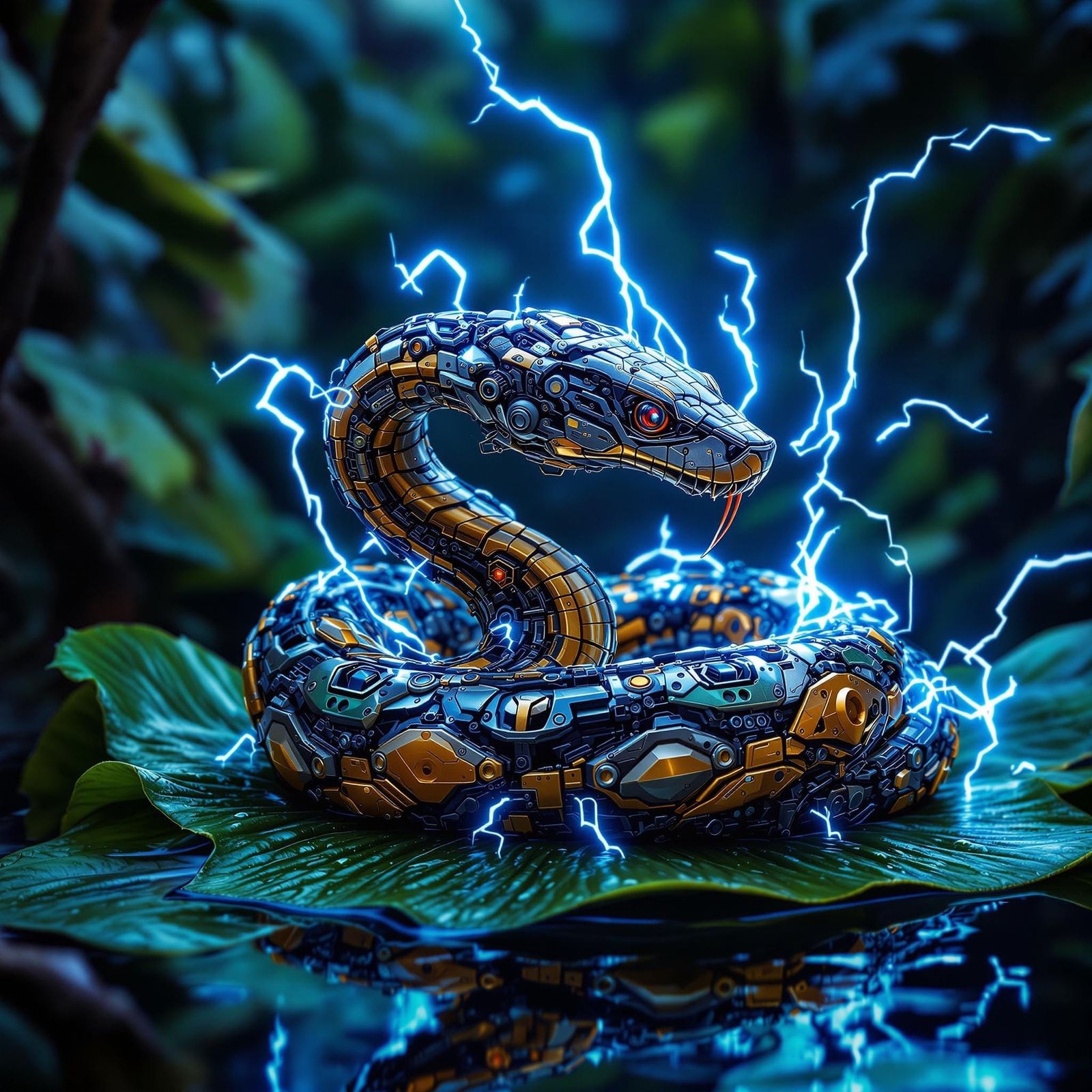 Cybernetic Serpent Discharging Energy in Rainforest
