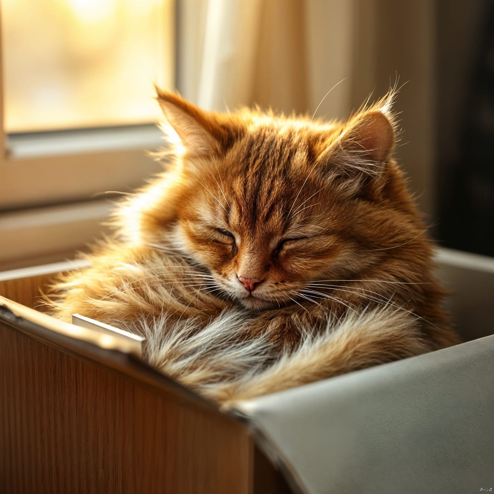 Sleeping Cat Curled Up in a Cardboard Box