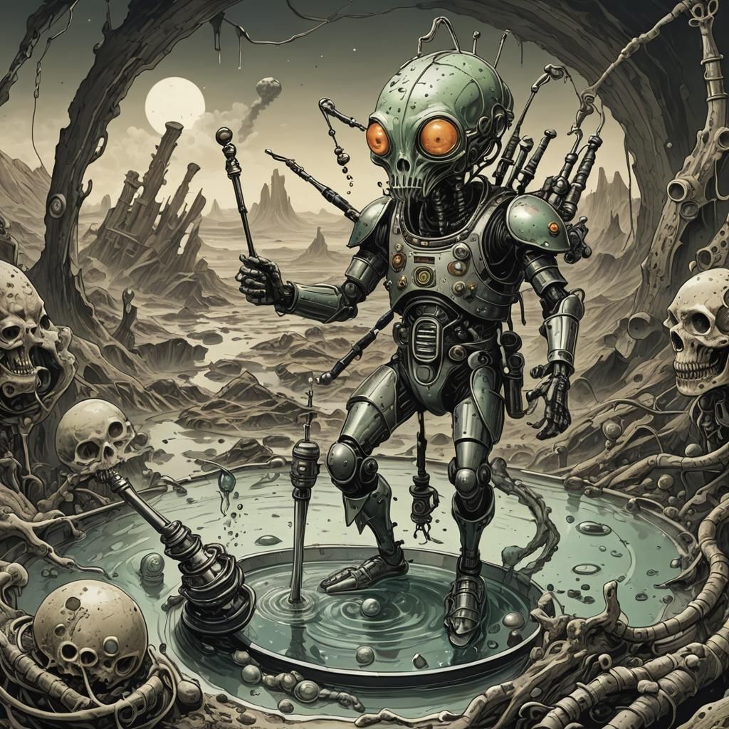 Cyborg and Alien Encounter on Titan in Sci-Fi Style