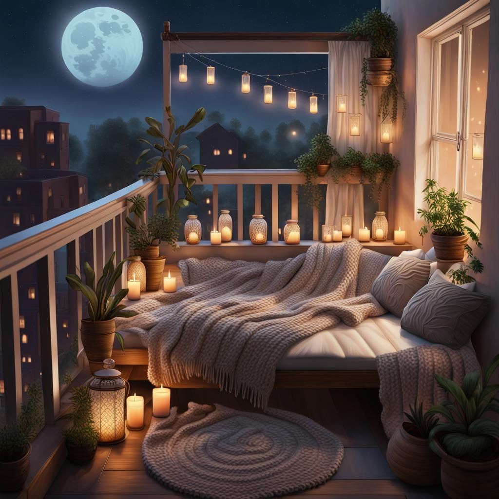 Cozy Balcony with Candles and Soft Textiles