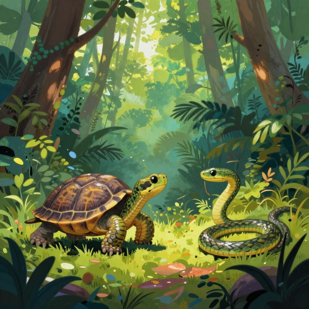 Mystical Jungle Encounter: Turtle and Serpent in Sunlight