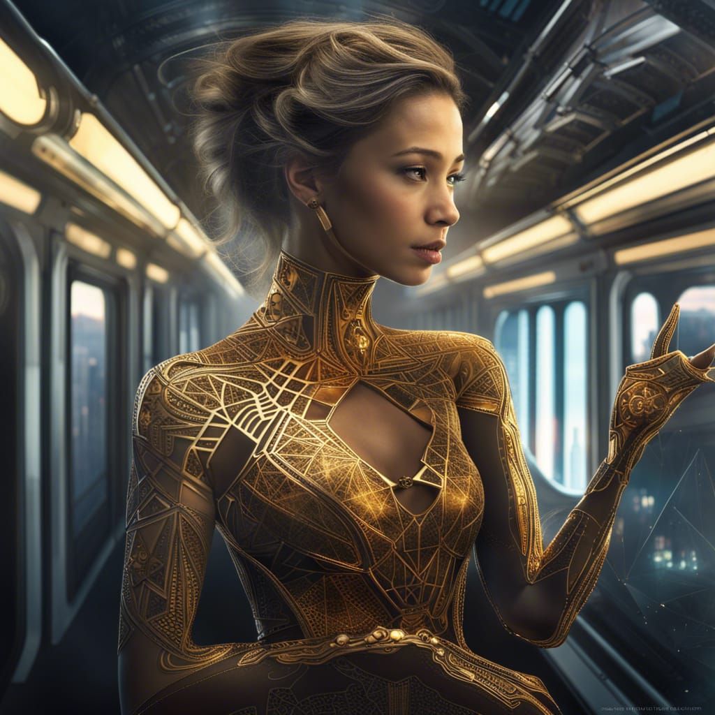 Futuristic Woman on Quantum Train to Big City