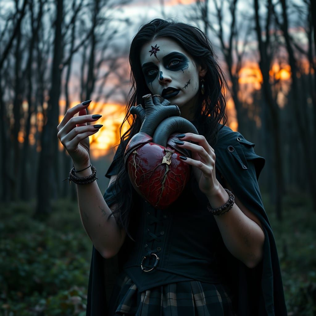Pagan Woman with Heart in Eerie Forest