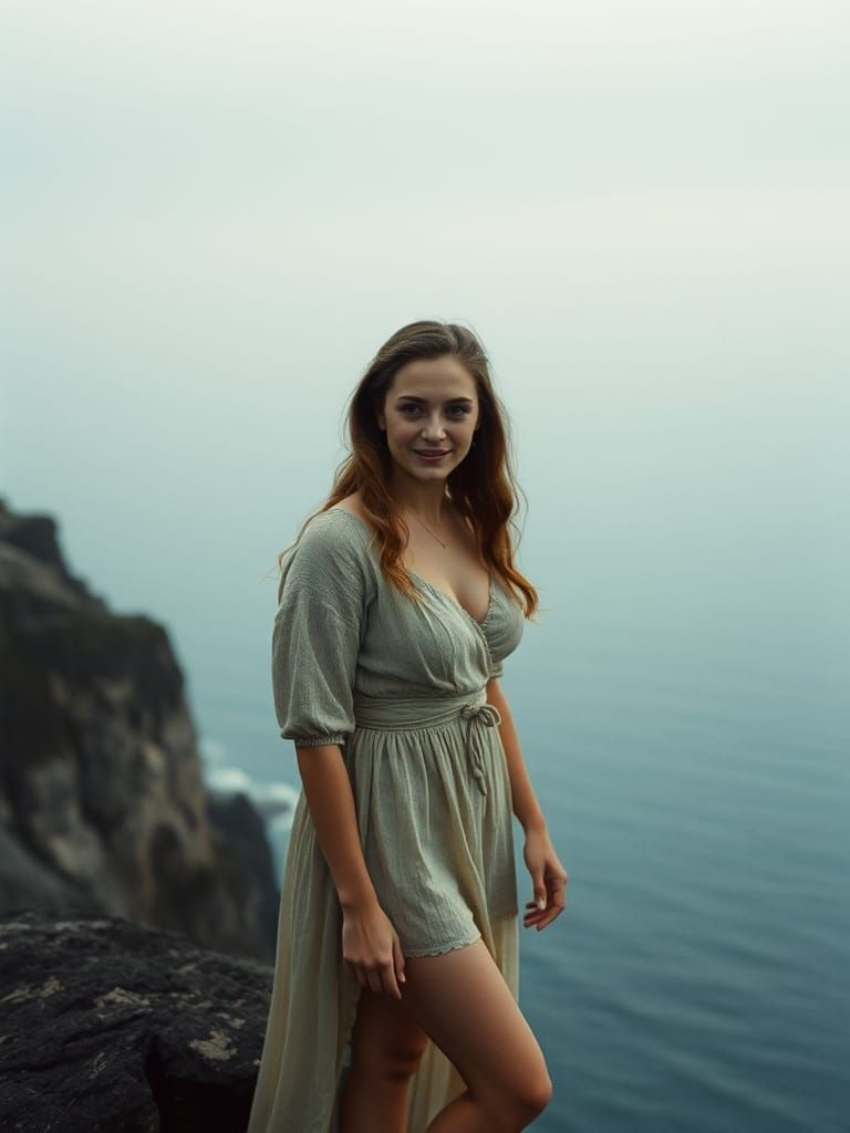 Young Woman on Cliff Overlooking Rough Sea