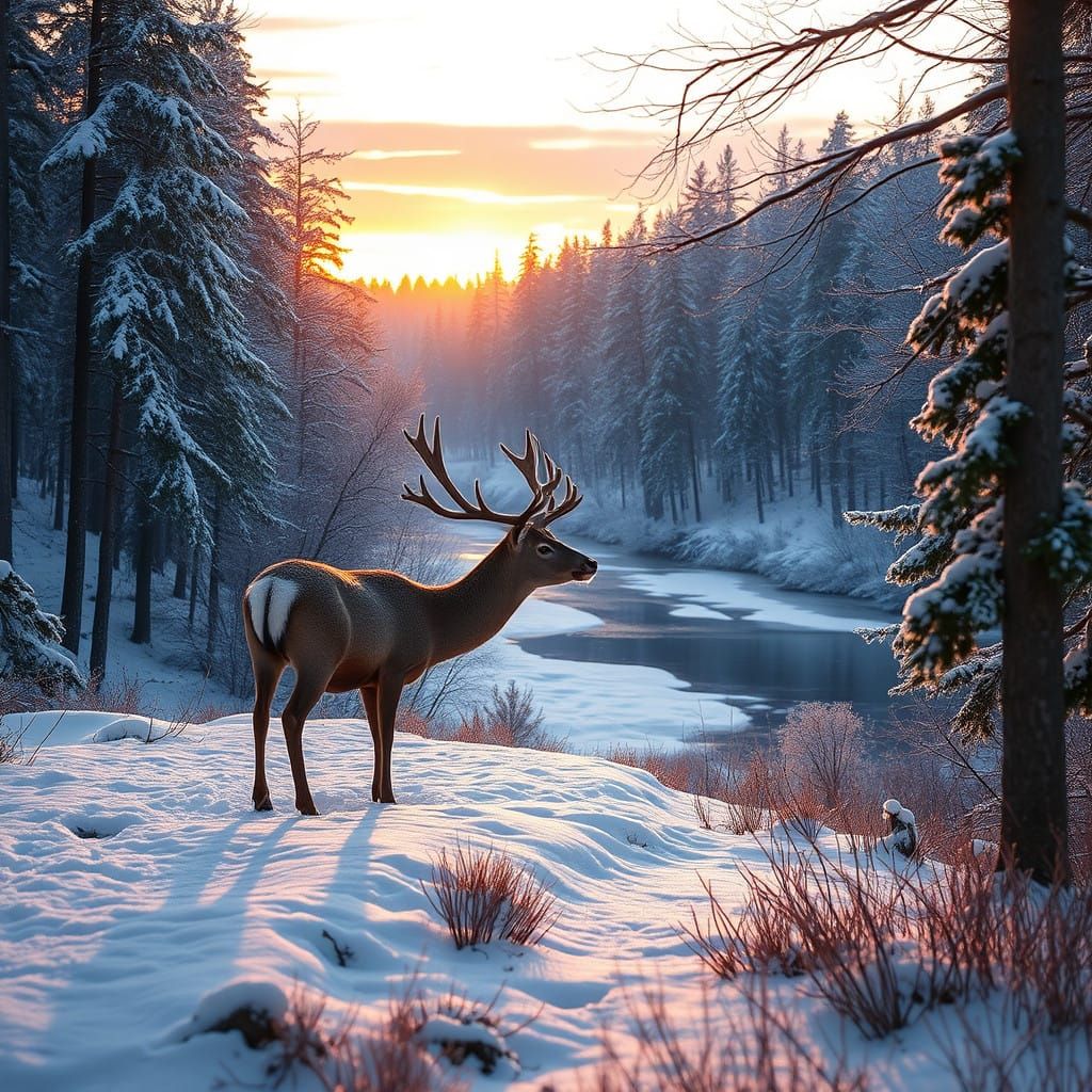 Realistic Forest Sunset with a Majestic Stag in the Snow
