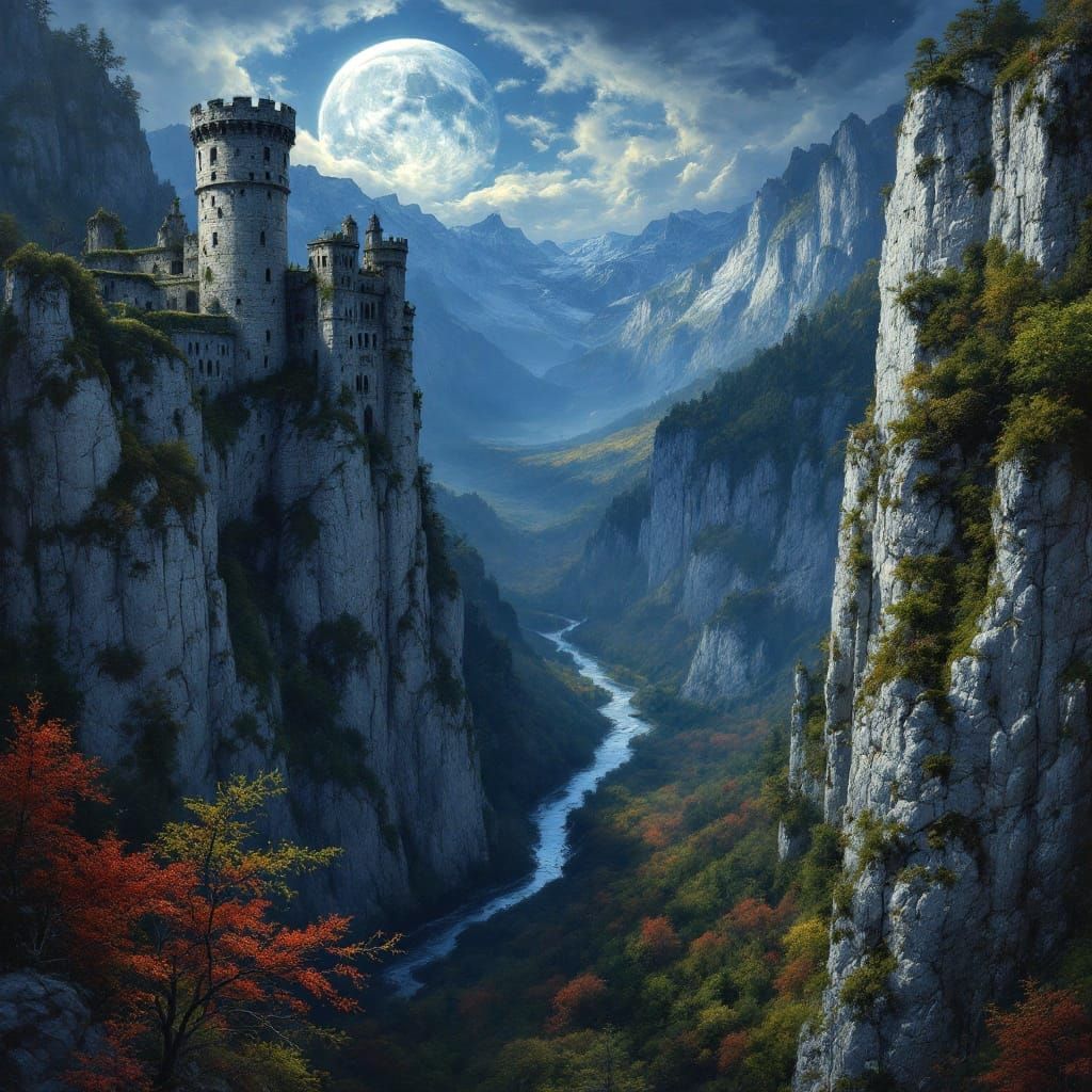 Castle Ruins at Night, Atmospheric Oil Painting