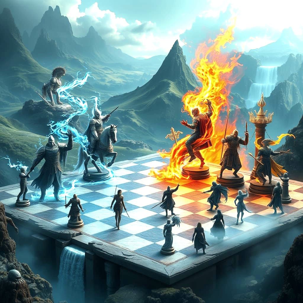 Elemental Warriors Engage in a Fantastical Chess Battle